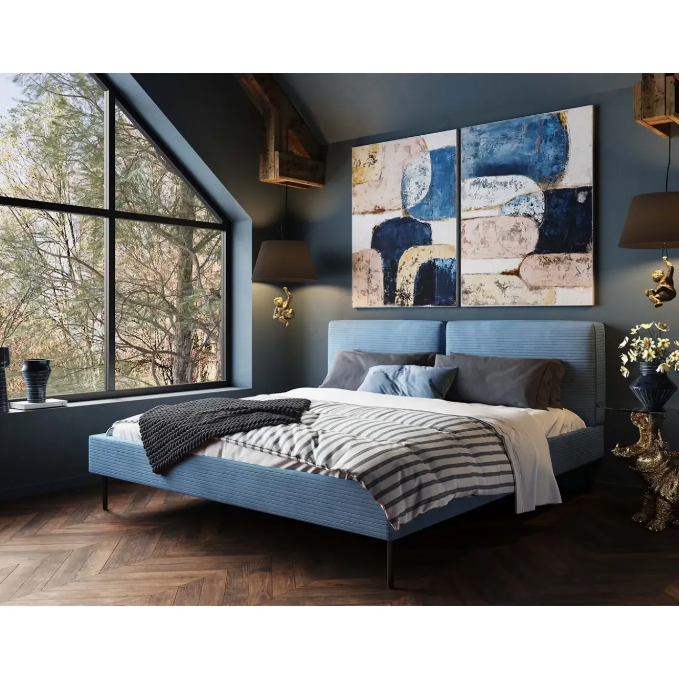 Lit East Side Velours Cotele Bleu 180X200Cm