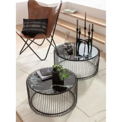Table Basse Wire Noir/Verre Décor Marbre (2/Set)