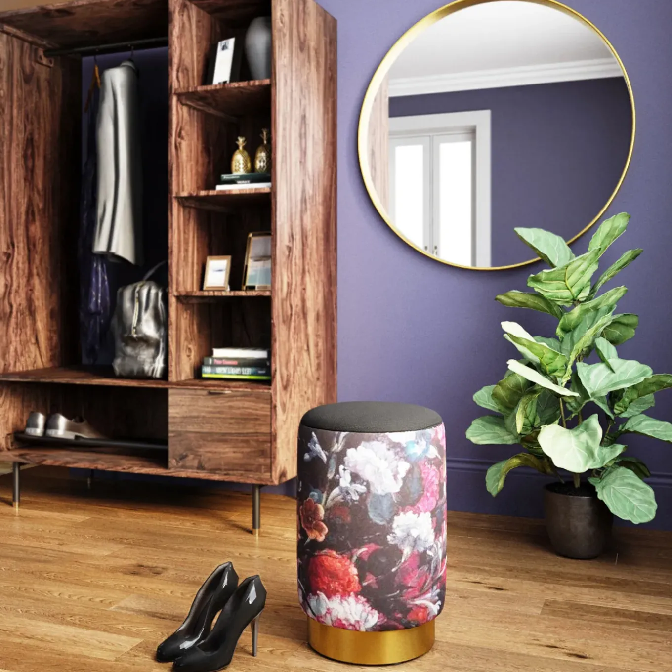 Tabouret Cherry Flower Noir Laiton O32Cm